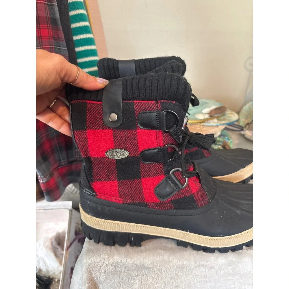 Lugz Storm Duck Boots Womens 7.5 Red Black Buffalo Plaid Faux Fur Winter Good